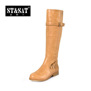  星期六正品 冬季新款牛皮绒里平跟高筒靴女骑士长靴子SS14SQ5521