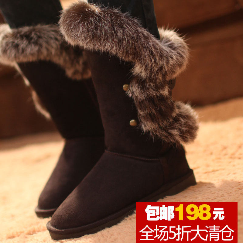 LOI.COLOR洛卡2011雪地靴正品清仓牛筋底防水高筒靴狐狸毛包邮