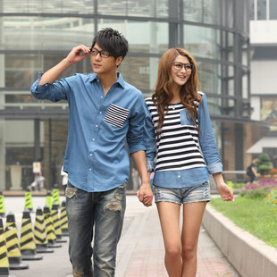  情侣装衬衫春装韩国韩版条纹拼接长袖情侣衬衫英伦风牛仔衬衣
