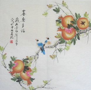 纯手绘写意花鸟画餐厅国画，四尺斗方石榴画中美协书画作品真迹挂画