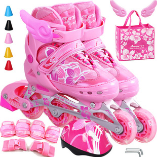 金峰儿童溜冰鞋全套装女童，闪光滑冰鞋可调轮滑鞋伸缩直排旱冰鞋