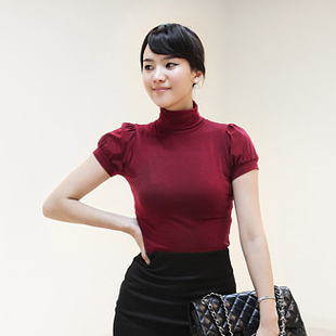 2024夏季韩版女士装莫代尔高领，泡泡短袖上衣，打底t恤衫加大码