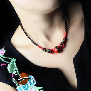  烟雨江南项链红色短款锁骨链波西米亚手工饰品女复古装饰原创颈链