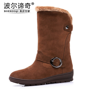 波尔谛奇新品雪地靴 女 冬季真皮加厚保暖中筒棉靴子2098-1