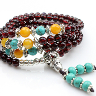  天然巴西酒红石榴石108粒佛珠手链 绿松石隔珠 女人石 原创新款