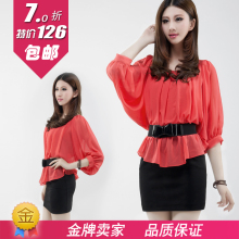 2012夏季新款包臀连衣裙修身蝙蝠七分袖拼接圆领淑女雪纺女装