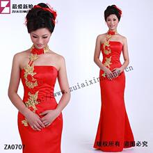 金线刺绣/火红玫瑰/豪华红色鱼尾晚礼服/新娘旗袍/敬酒服 ZA0707