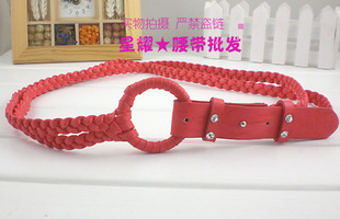 2010暴款 高档PU两层编织中圆反扣镶钻腰链 女式细腰带