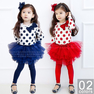 新款 女童长袖波点连衣裙 儿童原创韩版纱裙套装