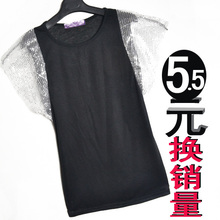 2012夏装清仓T 网纱亮片飞飞袖袖纯棉针织短款针织黑色批发T恤女