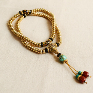  老藏式佛珠108颗纯铜黄铜天然绿松石尼泊尔铜珠项链佛珠念珠手链