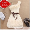 2012韩版夏季女装公主单肩白色纯色中腰带均码雪纺连衣裙子 L1032