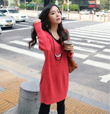 韩国进口代购 时尚淑女气质大V领插肩纯色长袖长款针织衫*2色