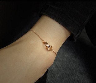  双环脚链钛钢镀18k玫瑰金同款love系列手链