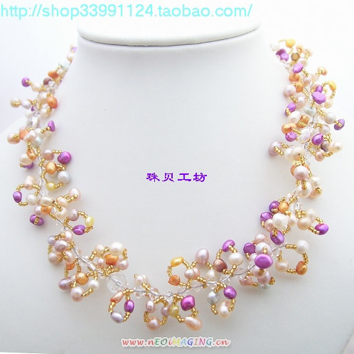 珠贝工坊*手工定制<span class=H>精品</span>华丽花式水晶天然珍珠项链(彩色)