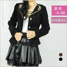 2012春装新款女气质半领军装型复古<span class=H>皮</span>绒耸肩短款修身<span class=H>小</span>西装<span class=H>小</span>外套