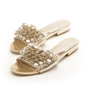  夏季新款时尚亮片欧美风平底平跟女凉拖鞋 闪亮水钻一字拖