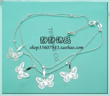 S925 *精美闪亮镂空蝴蝶脚链双层脚链*银脚链*甜美925纯银脚链*