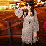 as安都2011冬新款女装 高腰设计豹纹雪纺圆领长袖连衣裙 9113205