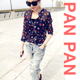 【PANPAN】CS-109 可爱花朵藏蓝色个性裁剪雪纺衬衫