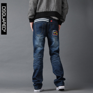 Dsquared2立体裁剪褶皱修身图案小直筒水洗牛仔裤