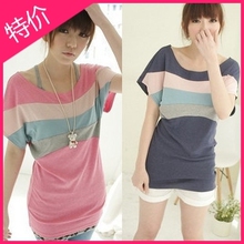 促销!新品2012夏装时尚情侣装女装韩国彩条大码短袖女士T恤正品