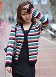 2012春夏装新款百搭女装长袖V领彩色夹条针织衫开衫小外套