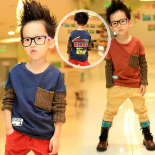  小贝潮品 童装男童秋冬装 韩版儿童男童宝宝个性毛线拼接卫衣
