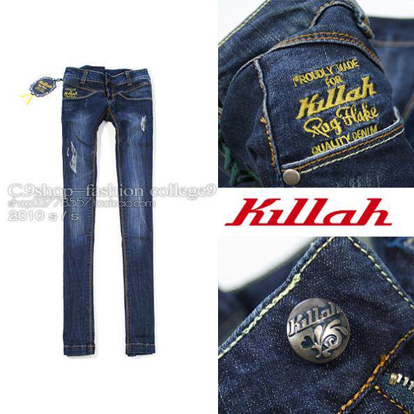 KILLAH画册款字母刺绣立体裁剪磨白刮痕显瘦紧身牛仔铅笔裤