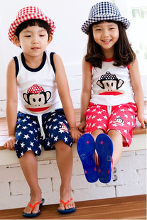 韩版童装夏装 男童休闲套装女童宝宝大嘴猴背心短裤儿童运动套装