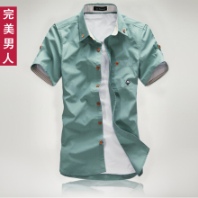 夏装新品韩版潮流男装衣服男士纯棉短袖衬衫 男式修身半袖衬衣男