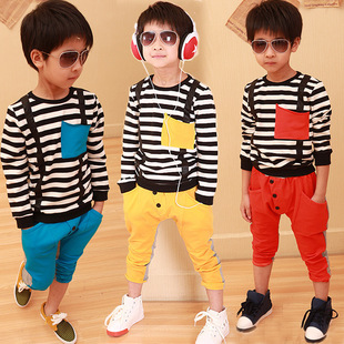  中小儿童学院风条纹运动休闲哈伦裤套装