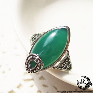 泰银戒指925纯银天然绿玛瑙戒指食指复古奢华镶嵌马克赛女款