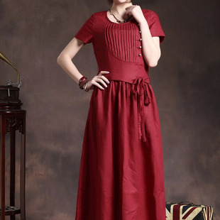 布衣风格衣庄可人原创深红亚麻气质连衣裙爱在路上