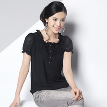 纯色OL式2010夏装女装韩版木耳边修身显瘦有大码短袖雪纺衫蕾丝衫