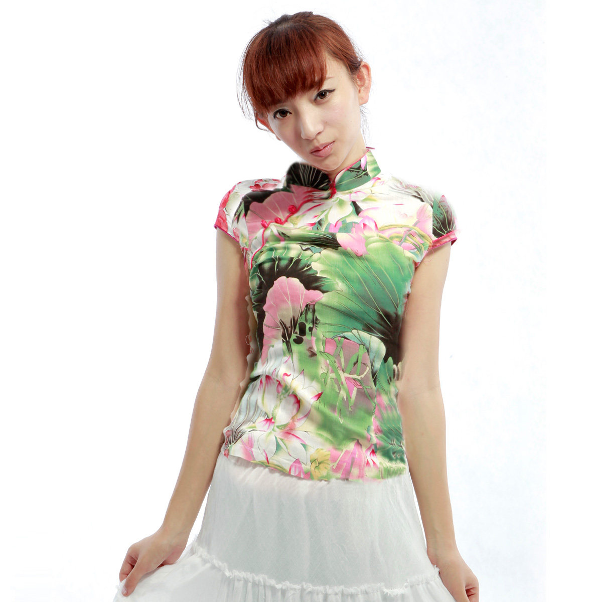 2010秋装女装新款【极致唐装】.弹麻短旗袍衣.荷花