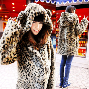 韩版女春秋冬装长袖中长连帽，耳朵豹纹毛毛皮草风大衣外套大码