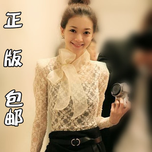  新款女装韩国韩版正品高领长袖上衣蝴蝶结蕾丝打底衫雪纺衫