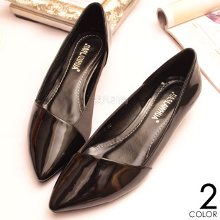  欧美新款时尚名媛单鞋平跟休闲尖头OL漆皮黑色平底鞋女式皮鞋