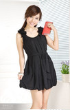 2012春夏装新款韩版日系甜美风荷叶肩花无袖纯色雪纺背修身连衣裙