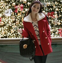 冬装新品2011 特圣诞新年 外套 羊羔毛淑女气质尼大衣红色 双排扣