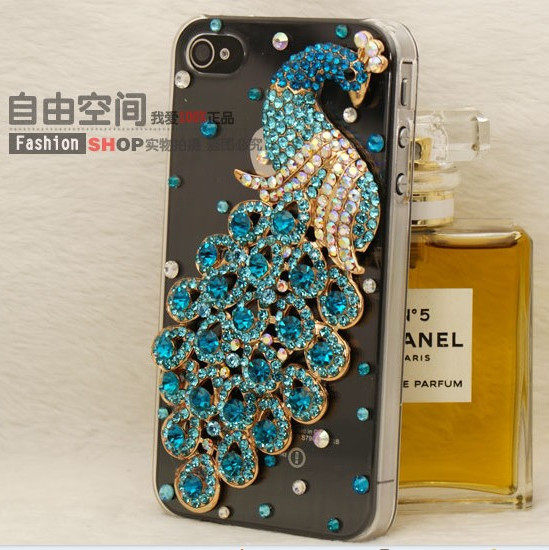 包邮批发章子怡同款孔雀苹果4代iphone4S手机壳3代手机套贴钻外壳