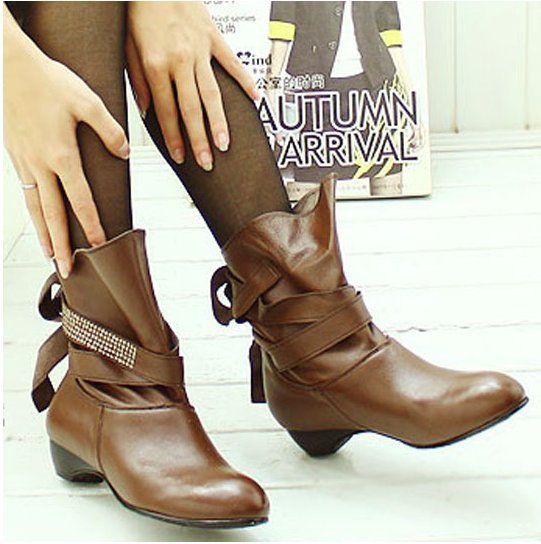 橘子の女鞋屋09新款韩版学院风格子靴双扣高