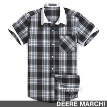 【5折】DEERE MARCHI休闲方格纯棉男士短袖衬衫 DM29黑蓝格