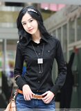 韩版纯黑 经典时尚 OL通勤 气质简约  收腰长袖女衬衫