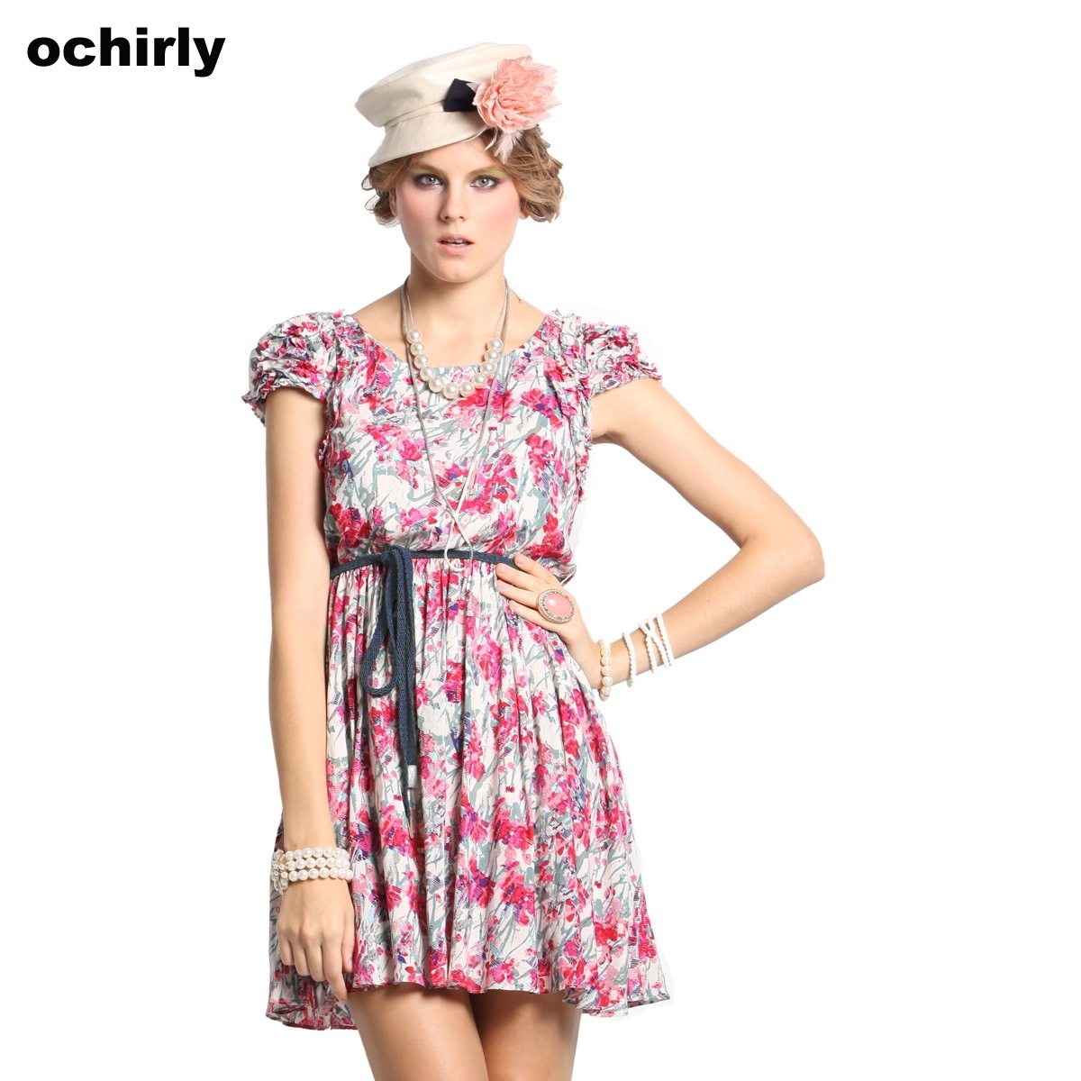 Ochirly/<span class=H>欧时力</span>专柜正品 夏季新款连衣裙 女短袖韩版碎花圆领短裙