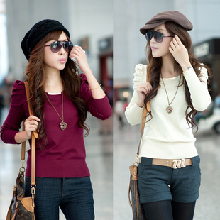  秋冬新款 圆领女装修身针织衫女长袖套头毛衣打底衫新款毛衣