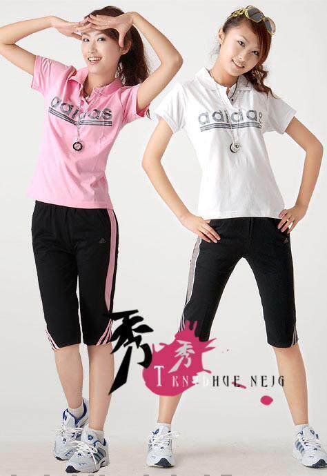 夏季热卖阿迪达斯/ADIDAS翻领短袖棉质T恤女款运动服套装 6442