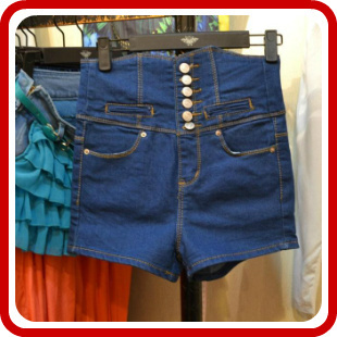 moda复古<em>高腰</em>牛仔<em>短裤</em> 热裤 多纽扣女夏季韩国