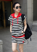 Spring new Korean women's casual sweater, black and white and red stripe sports fashion set